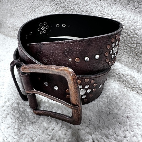 No Label Accessories - Copper Studded Rhinestone Vegan Boho Belt, Copper Colored Buckle